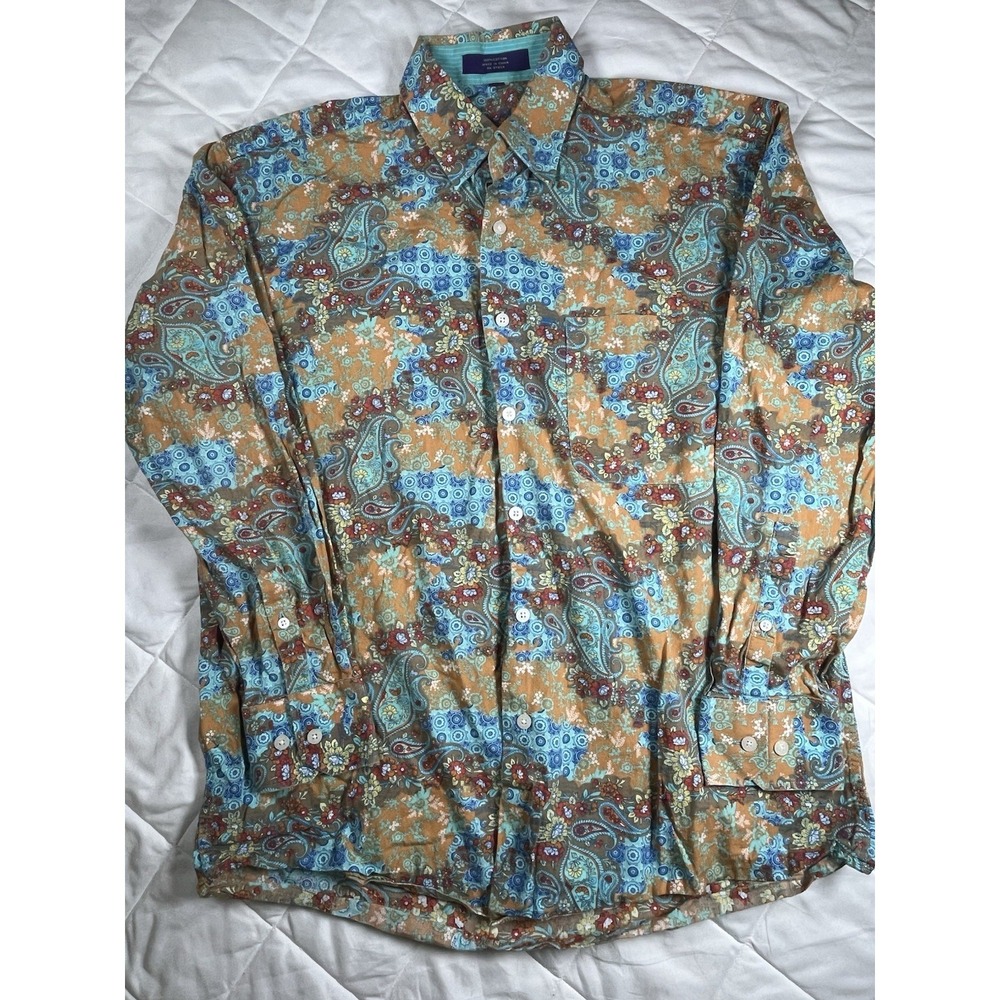 Designer Alan Flusser Shirt Mens Medium Paisley Floral Button Down Colorful